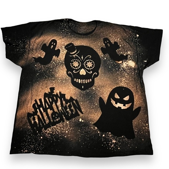 Halloween Bleached Tee Shirt Ghosts Skull Short Sleeve Black Spooky Unisex 3x - Picture 1 of 4